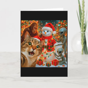 Funny Christmas Cat Selfie With Bigfoot Alien &amp Card