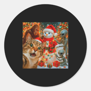 Funny Christmas Cat Selfie With Bigfoot Alien & Classic Round Sticker