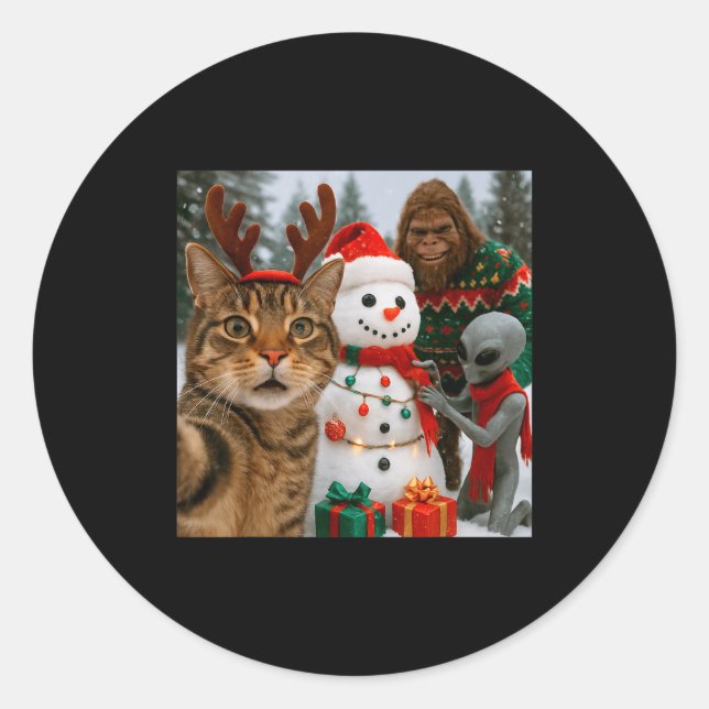 Funny Christmas Cat Selfie With Bigfoot Alien &amp Classic Round Sticker (Front)
