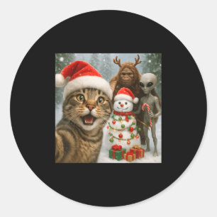 Funny Christmas Cat Selfie With Bigfoot Alien & Classic Round Sticker