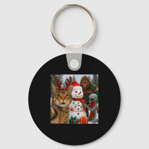 Funny Christmas Cat Selfie With Bigfoot Alien &amp Key Ring