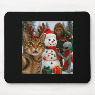 Funny Christmas Cat Selfie With Bigfoot Alien &amp Mouse Mat
