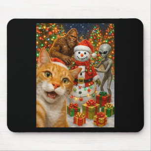 Funny Christmas Cat Selfie With Bigfoot Alien & Mouse Mat