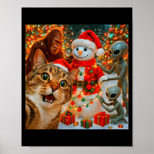 Funny Christmas Cat Selfie With Bigfoot Alien &amp Poster