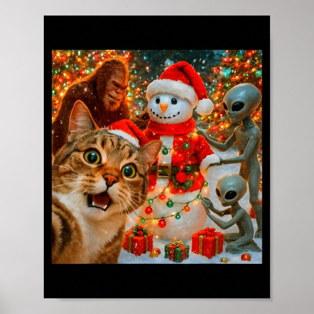 Funny Christmas Cat Selfie With Bigfoot Alien &amp Poster (Front)