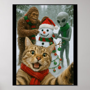 Funny Christmas Cat Selfie With Bigfoot Alien & Poster
