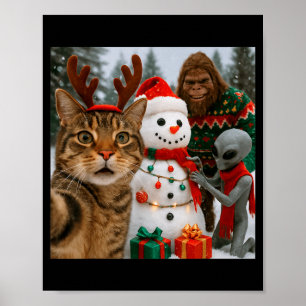 Funny Christmas Cat Selfie With Bigfoot Alien &amp Poster