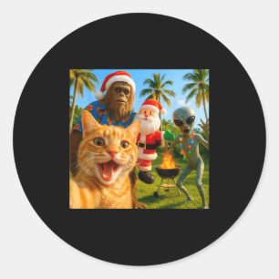 Funny Christmas Cat Selfie With Bigfoot & Alie Classic Round Sticker