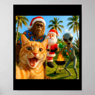 Funny Christmas Cat Selfie With Bigfoot &amp; Alie Poster