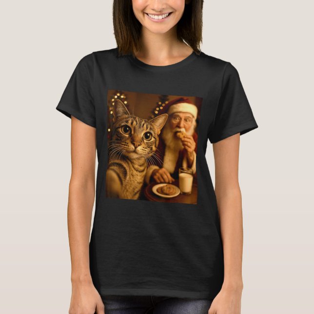 Funny Christmas Cat Selfie With Santa Claus Meme M T-Shirt (Front)