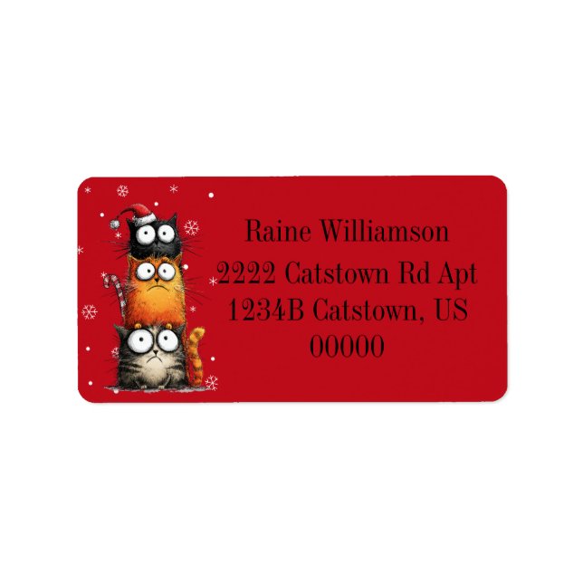 Funny Christmas Cat Stack Snowflakes Red Address Label (Front)