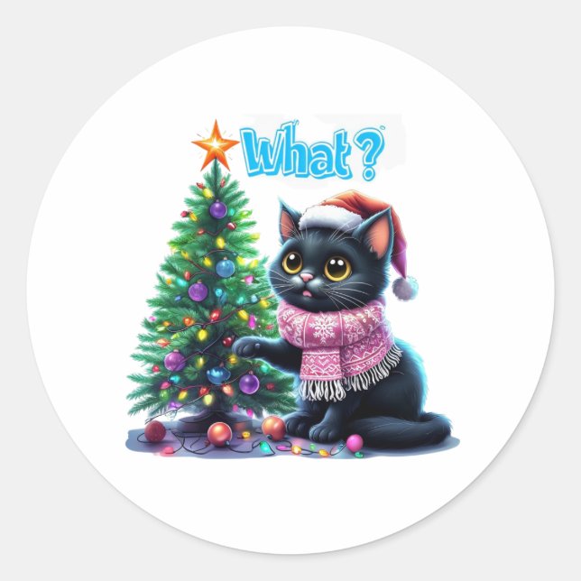 Funny Christmas Cat What with Tree Sticker (Front)