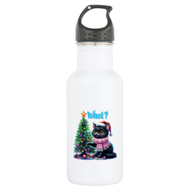 Funny Christmas Cat What with Tree Sticker 532 Ml Water Bottle (Front)