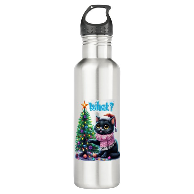 Funny Christmas Cat What with Tree Sticker 710 Ml Water Bottle (Front)