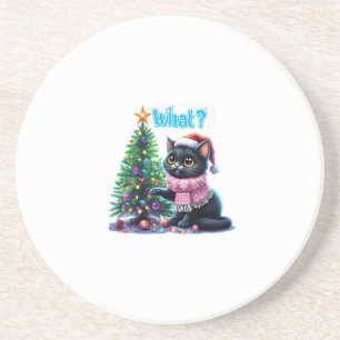 Funny Christmas Cat What with Tree Sticker Coaster