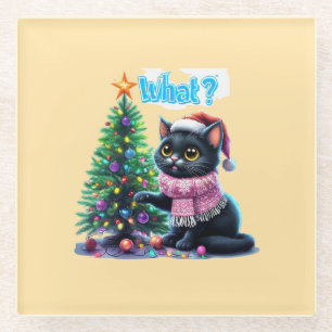 Funny Christmas Cat What with Tree Sticker Glass Coaster
