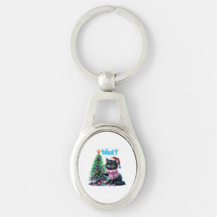 Funny Christmas Cat What with Tree Sticker Key Ring