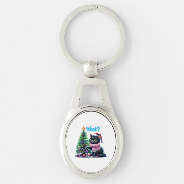 Funny Christmas Cat What with Tree Sticker Key Ring (Front)