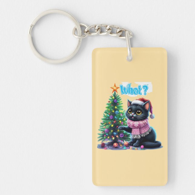 Funny Christmas Cat What with Tree Sticker Key Ring (Front)