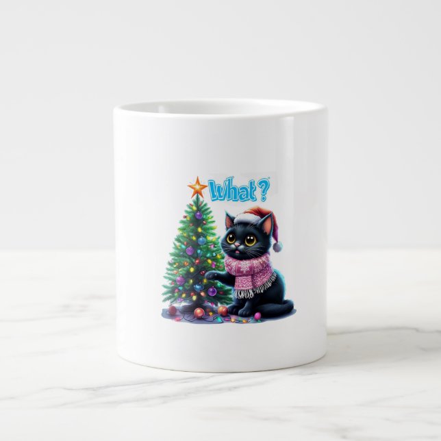 Funny Christmas Cat What with Tree Sticker Large Coffee Mug (Front)