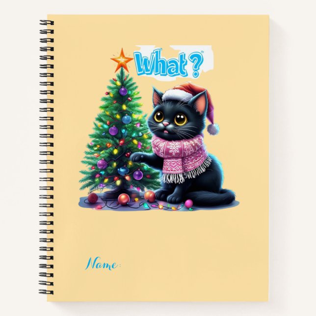 Funny Christmas Cat What with Tree Sticker Notebook (Front)