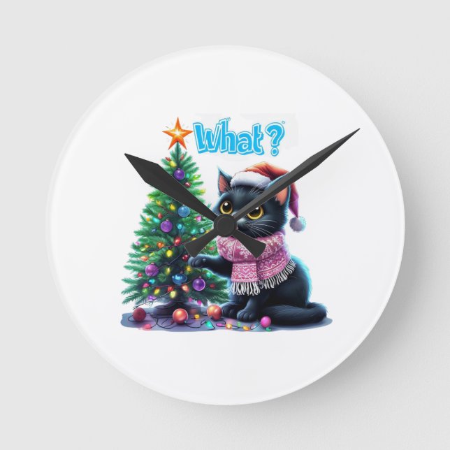 Funny Christmas Cat What with Tree Sticker Round Clock (Front)