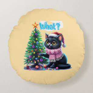Funny Christmas Cat What with Tree Sticker Round Cushion