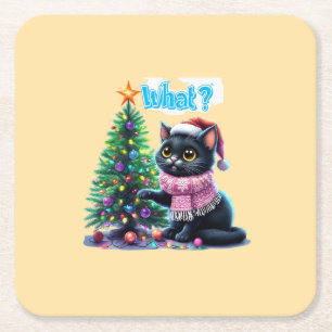 Funny Christmas Cat What with Tree Sticker Square Paper Coaster