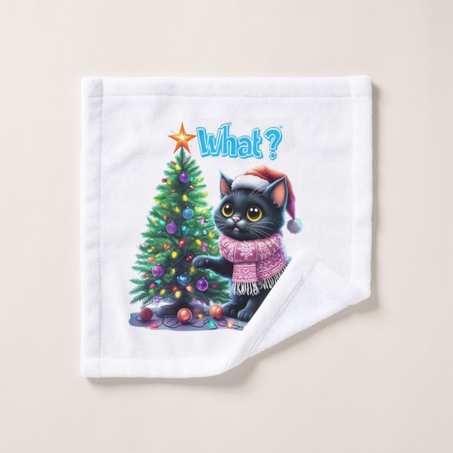 Funny Christmas Cat What with Tree Sticker Wash Cloth (Wash Cloth)
