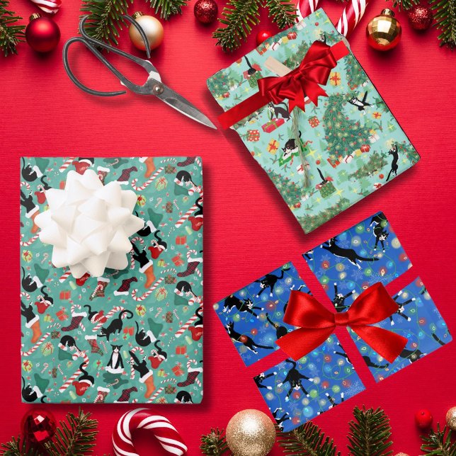 Funny Christmas Cats and Stockings  Wrapping Paper Sheet (Creator Uploaded)