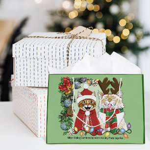 Funny Christmas Cats Holiday Photo Siblings Green Large Gift Bag