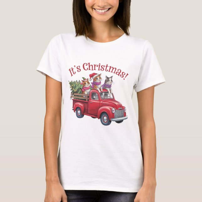 Funny Christmas Cats in Red Truck T-Shirt (Front)
