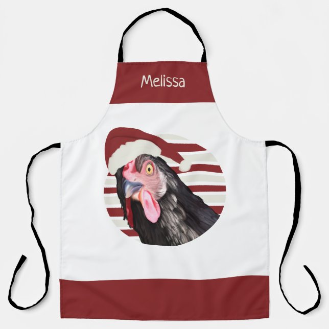 Funny Christmas Chicken Red And White Stripes Apron (Front)