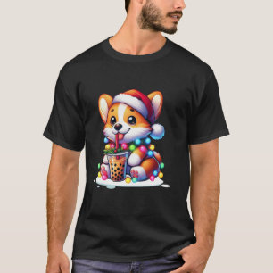 Funny Christmas Corgi Santa Hat Lights Boba Drink  T-Shirt