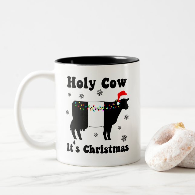 Funny Christmas Cow Belted Galloway Beltie Gift Two-Tone Coffee Mug (With Donut)
