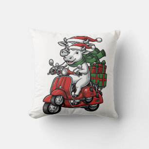 Funny Christmas Cow Riding Scooter Vintage Design_ Cushion