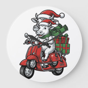 Funny Christmas Cow Riding Scooter Vintage Design_ Large Clock