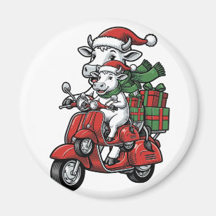 Funny Christmas Cow Riding Scooter Vintage Design_ Magnet