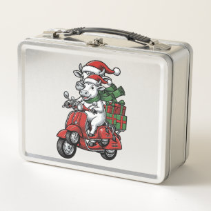 Funny Christmas Cow Riding Scooter Vintage Design_ Metal Lunch Box