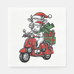Funny Christmas Cow Riding Scooter Vintage Design_ Napkin