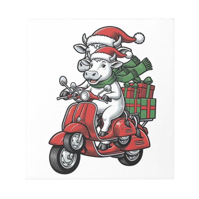 Funny Christmas Cow Riding Scooter Vintage Design_ Notepad (Front)