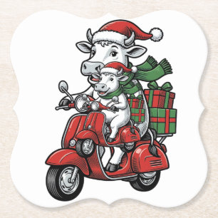 Funny Christmas Cow Riding Scooter Vintage Design_ Paper Coaster