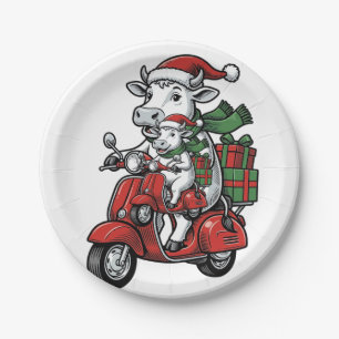 Funny Christmas Cow Riding Scooter Vintage Design_ Paper Plate