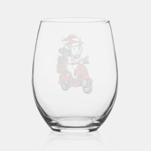 Funny Christmas Cow Riding Scooter Vintage Design_ Stemless Wine Glass