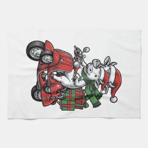 Funny Christmas Cow Riding Scooter Vintage Design_ Tea Towel
