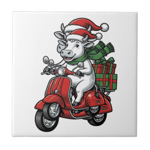 Funny Christmas Cow Riding Scooter Vintage Design_ Tile