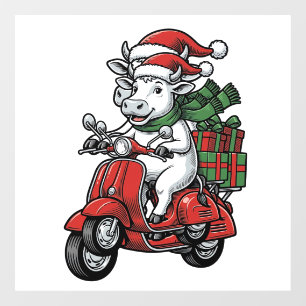 Funny Christmas Cow Riding Scooter Vintage Design_ Window Cling