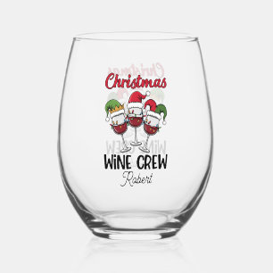 Funny Christmas crew add name drinking party Stemless Wine Glass