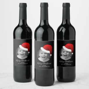 Funny Christmas Custom Photo Santa Hat Family Name Wine Label