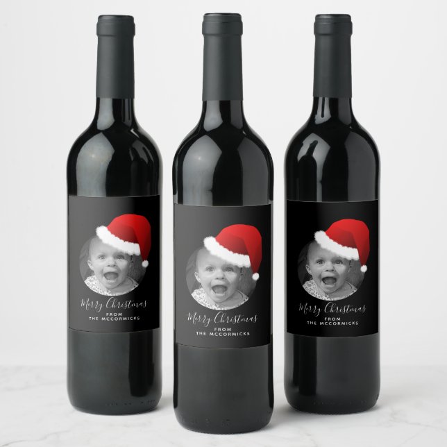 Funny Christmas Custom Photo Santa Hat Family Name Wine Label (Bottles)